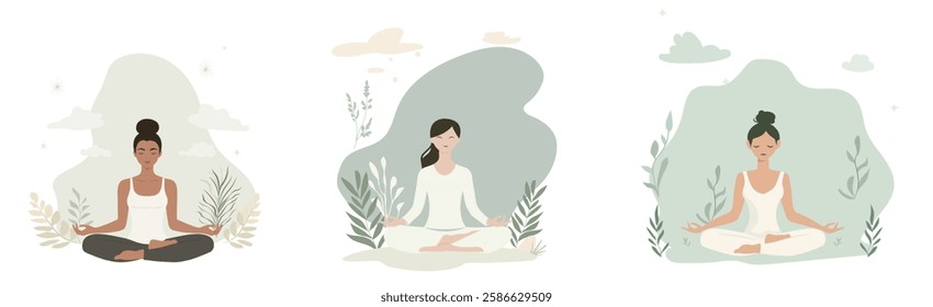 Set of flat vector illustrations of women in meditating yoga poses, each with soft pastel colors and minimalistic designs. With plants and nature elements