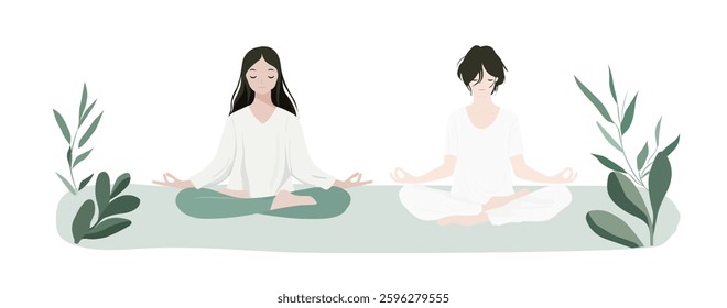 Set of flat vector illustrations of women in meditating yoga poses, each with soft pastel colors and minimalistic designs. With plants and nature elements
