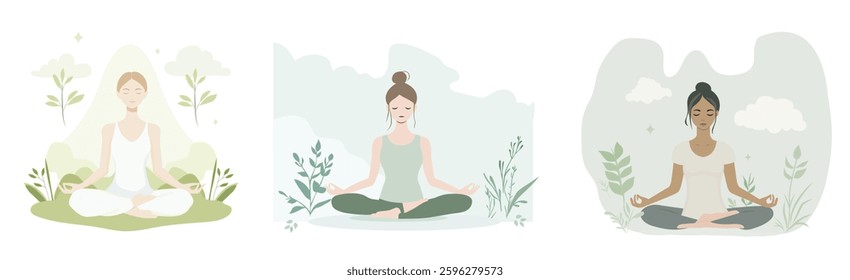 Set of flat vector illustrations of women in meditating yoga poses, each with soft pastel colors and minimalistic designs. With plants and nature elements