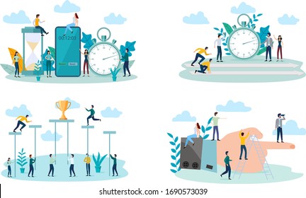 A set of flat vector illustrations.Time management, competitive spirit, concept of struggle and motivation, business management.For use in web design.