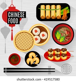 Set of flat, vector isolated elements chinese food. Chinese food box, plate, chopsticks, top view, silhouette lantern.