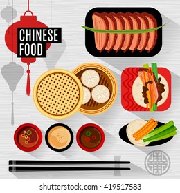 Set of flat, vector isolated elements chinese food. Chinese food box, plate, chopsticks, top view, silhouette lantern.