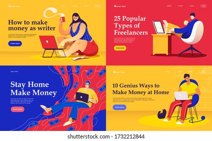 Set of flat vector landing pages on the themes: freelance, make money at home, earn in internet, success, remote work. A freelancers working at the laptops.