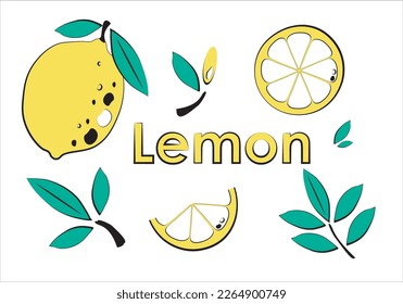  Set of flat  vector lemon with line. Yellow lemon slices on white background. Line art with yellow color.