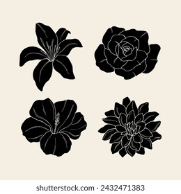 Set of flat vector lily, hibiscus, rose, dahlia