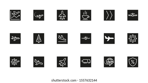 Set of flat vector line icons. It contains symbols for airplanes, globes, flights, transportation and more. on a white background Editable stroke. 48x48 pixels