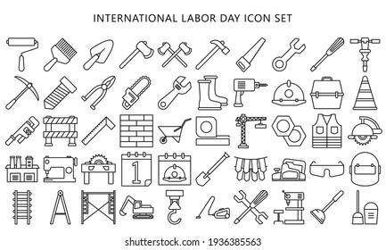 Set Flat vector linear design, black outline icons International Labor day and Industry tool icon set. for modern concepts, web and apps. eps 10 ready convert to svg svg