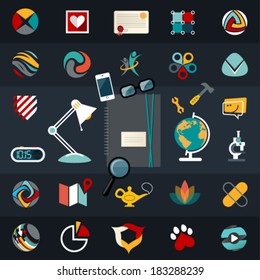 Set of flat vector logo icons design illustration financial service items, web and technology development, business management symbol, S E O and Social media marketing.Editable For Your Design.  