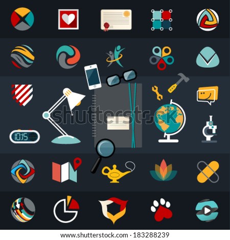 Set of flat vector logo icons design illustration financial service items, web and technology development, business management symbol, S E O and Social media marketing.Editable For Your Design.  