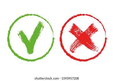 set of flat vector mark buttons: green check marks and red crosses signs.  Circle and square, rounded corners Icons.  Vector illustration. Vector.