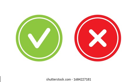 set of flat vector mark buttons: green check marks and red crosses signs. Circle and square, rounded corners Icons. Collection of many different color hooks