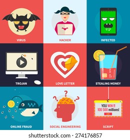 Set Of Flat Vector Modern Icons, Illustrations - Hacking, Hacker, Virtual Dating, Online Fraud, Stealing Money, Social Engineering. Design Elements For Web, Mobile Applications, Infographics.