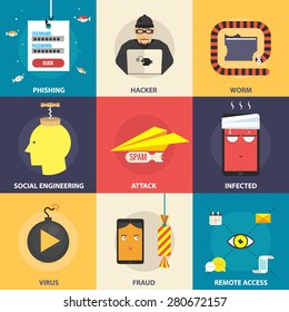 Set of flat vector modern icons, illustrations - hacking, hacker, phishing, fraud, cyber security. Design elements for web, mobile applications, infographics.