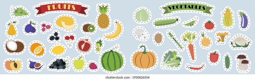 Set of flat vector mushrooms, fruits and vegetables. Bright stickers with the image of cute summer vegetables and fruits products in cartoon style. A set of isolated healthy food products.