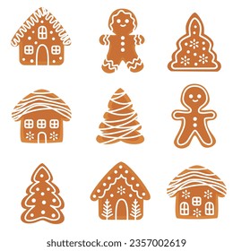 Set of flat vector new year illustration. Christmas gingerbread, Christmas trees, houses and people. 