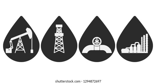 Set Of Flat Vector Onshore Icons For Oil And Gas Industry; Graphic Grey Petroleum Signs In Drops Of Oil: Sucker Rod Pump, Drilling Rig, Pipeline, Natural Gas Processing Plant; Industrial Pictograms