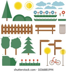 Set of flat vector Park elements. Trees, grass, shrubs, lights, bicycle, bench, signs