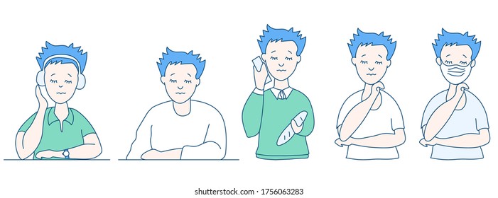Set of flat vector people with closed eyes. Men in different clothes, in different poses and gestures. A teenager in a medical mask, the second in headphones with a phone and bread, sits and stands