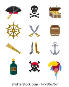 Set of flat vector piratical symbols, Pirate parrot, skull with crossbones, hat, sword,treasure chest and nautical anchor, helm and spyglass.