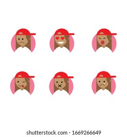 set of flat vector portraits, emotions of girls on the background