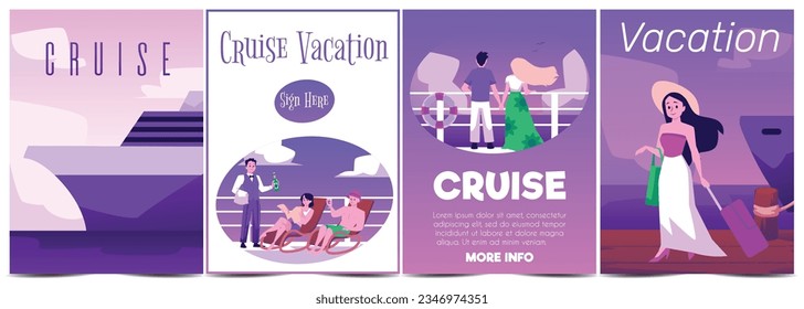 Set of flat vector posters with Cruise vacation concept. Nice couple enjoy summer seaside landscape, resting, sunbathing on the deck of luxury cruise liner, yacht. Holiday vacation season sea travel