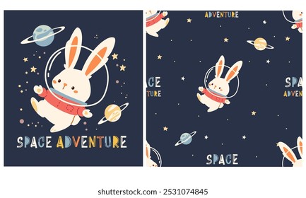 A set of flat vector prints for printing on children's products. Cute cosmonaut hare flying in space among stars and planets, space adventure print. Seamless vector pattern 