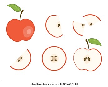 Set Of Flat Vector Red Whole Apple And Fruit Slices - Split In A Half Along And Across, Circle And Wedge, A Slice Of Apples. Cute Colorful Summer Fruit For Icon Design, Stickers