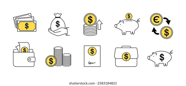 Set of flat vector related to finance. Linear to financial patterns and graphs