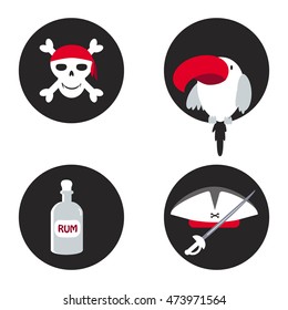 Set of flat vector round labels, badges or icons with pirates parrot, skull with crossbones, hat with sword and bottle of rum.