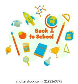 Set of Flat Vector School Equipment on the Abstract Background. Perfect for Banners, Social Media, Printed Materials, etc.