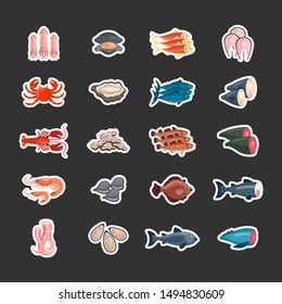 Set of flat vector seafood in sticker style. lobster, oysters, mussels and shrimp. Flat vector illustration.