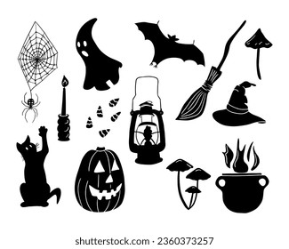 Set of flat vector silhouette Halloween elements. Creepy doodle halloween objects for party decoration. Minimalistic black isolated design on white background for stickers, decoration