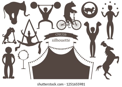 A set of flat vector silhouettes of circus artists. Clowns, acrobats and trained animals.