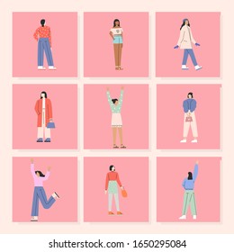 Set of flat vector simple illustrations of women. Minimal drawing of a woman in pastel colors. Girls in trendy clothes standing, posing. Design element for 8 March cards, posters, banners.