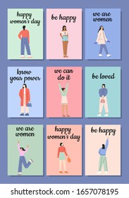 Set of flat vector simple illustrations of women. Minimal drawing of a woman in pastel colors. Girls in trendy clothes standing, posing. Design element for 8 March cards, posters, banners.