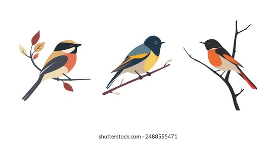 Set of flat vector of a single bird perched on a branch on white background