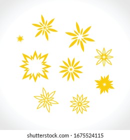 Set of flat vector star shape patterns. Different yellow stars rays for design use.
