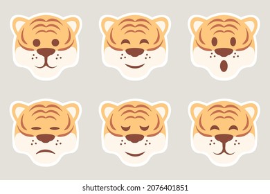 Set of flat vector stickers of tiger. Tiger's head with different emotions. Symbol of New Year 2022. 