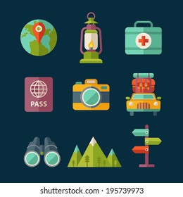 Set of flat vector travel and tourist icons.