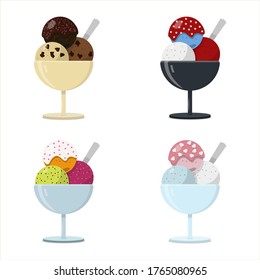 Set of flat vector vases with ice cream balls. Multi-colored Gelato balls with different tastes in a glass on a leg in a cafe or restaurant. Cold dessert with toppings, powders, syrup and chocolate