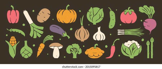 Set of flat vector vegetable icons. Healthy food, organic food, diet, vegetarianism and vitamins symbols. Vector flat hand drawn illustration