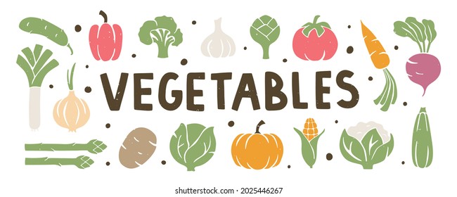 Conjunto de íconos vegetales vectoriales planos y texto "Verduras". Alimentos saludables, alimentos orgánicos, dieta, vegetarianismo y vitaminas. Ilustración dibujada a mano por vectores