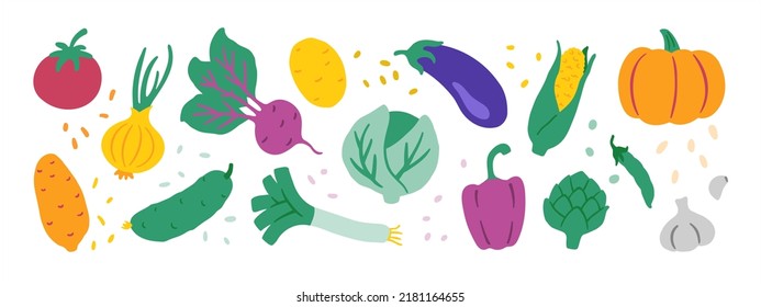 Set of flat vector vegetable icons. Healthy food, organic food, diet, vegetarianism and vitamins symbols. Vector flat hand drawn illustration