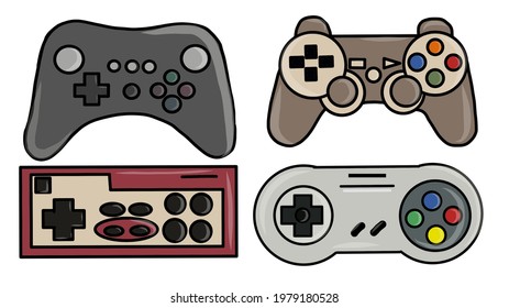 Set of flat vector video game controllers. Retro gamepads and joysticks icons isolated on white background. Console for video game.