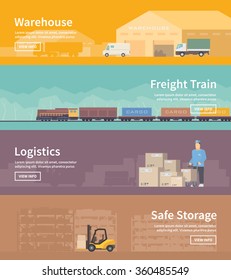 Set of flat vector web banners on the theme of Logistics, Warehouse, Freight, Cargo Transportation. Storage of goods, Insurance. Freight train. Save storage. Modern flat design.