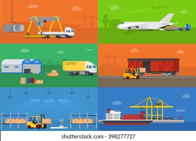 Set of flat vector web banners on the theme of logistics warehouse freight cargo transportation. Vector concept illustration