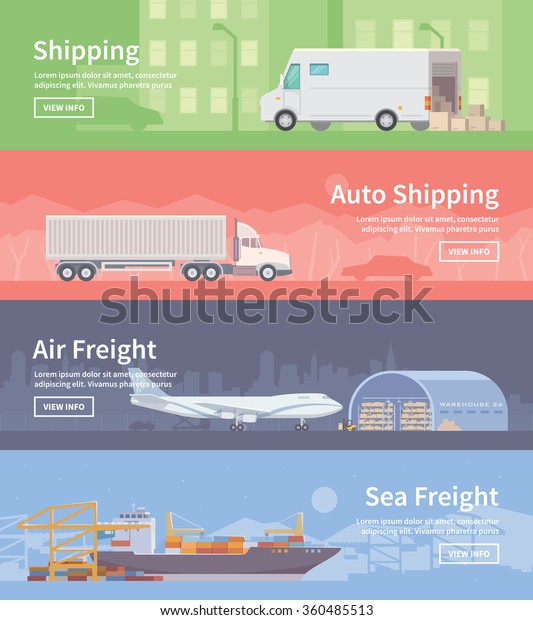Set of flat vector web banners on the theme of\
Logistics, Warehouse, Freight, Cargo Transportation. Storage of\
goods, Insurance. Auto shipping. Air freight. Sea freight. Modern\
flat design.