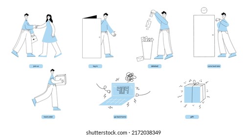 Set of flat vector web illustrations. Onboarding concept. E-commerce illustrations for web sites of mobile applications 