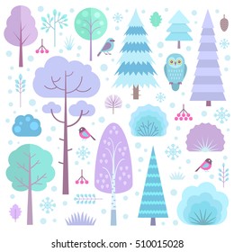 Set of flat vector winter forest elements: trees, spruce, pine, grass and bushes isolated on transparent background.