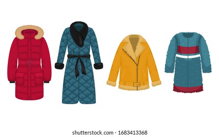 Set of flat vector women's outerwear. Sheepskin coat, faux fur coat, down jacket, quilted coat.